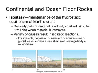 Continental and Ocean Floor Rocks Isostasy —maintenance of the hydrostatic equilibrium of Earth’s crust. Basically, where material is added, crust will sink, but it will rise when material is removed. Variety of causes result in isostatic reactions. For example, deposition of sediment or accumulation of glacial ice vs. erosion as ice sheet melts or large body of water drains. 