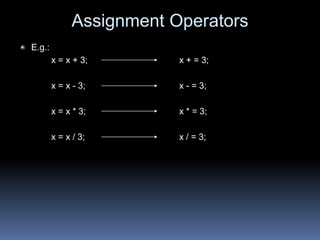Assignment Operators
E.g.:
x = x + 3; x + = 3;
x = x - 3; x - = 3;
x = x * 3; x * = 3;
x = x / 3; x / = 3;
 