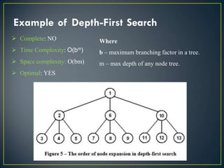 Example of Depth-First Search
 Complete: NO
 Time Complexity: O(bm)
 Space complexity: O(bm)
 Optimal: YES
Where
b – m...