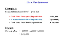 Example 1:
Calculate the net cash flows ? , given that
• Cash flows from operating activities $ 195,000
• Cash flows from investing activities $ (120,000)
• Cash flows from financing activities $ 100, 000
Solution
Net cash flow = 195000 - 120000 +100000
= $175,000
Cash Flow Statement
 