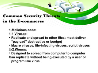 Common Security Threats
in the E-commerce
1-Malicious code:
1-1 Viruses:

Replicate and spread to other files; most deliver
“payload” destructive or benign)

Macro viruses, file-infecting viruses, script viruses
1-2 Worms:

Designed to spread from computer to computer
Can replicate without being executed by a user or
program like virus
 