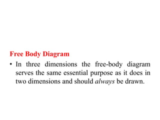 Free Body Diagram
• In three dimensions the free-body diagram
serves the same essential purpose as it does in
two dimensions and should always be drawn.
 