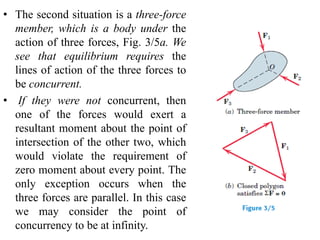• The second situation is a three-force
member, which is a body under the
action of three forces, Fig. 3/5a. We
see that equilibrium requires the
lines of action of the three forces to
be concurrent.
• If they were not concurrent, then
one of the forces would exert a
resultant moment about the point of
intersection of the other two, which
would violate the requirement of
zero moment about every point. The
only exception occurs when the
three forces are parallel. In this case
we may consider the point of
concurrency to be at infinity.
 