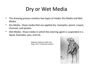 Dry or Wet Media
• The drawing process involves two types of media: Dry Media and Wet
Media.
• Dry Media: those media that are applied dry. Examples: pencil, crayon,
charcoal, and pastels.
• Wet Media: those media in which the coloring agent is suspended in a
liquid. Examples: pen, and ink.
Madame Palmyre With Her
Dog, Henri Toulouse-Lautrec
 