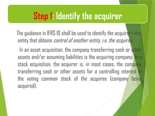 The guidance in IFRS 10 shall be used to identify the acquirer—the
entity that obtains control of another entity, i.e. the acquiree.
In an asset acquisition, the company transferring cash or other
assets and/or assuming liabilities is the acquiring company. In a
stock acquisition, the acquirer is, in most cases, the company
transferring cash or other assets for a controlling interest in
the voting common stock of the acquiree (company being
acquired).
Step 1: Identify the acquirer
 