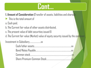 1. Amount of Consideration (Transfer of assets, liabilities and shares):
 This is the total amount of
a. Cash paid,
b. The Current fair value of other assets distributed,
c. The present value of debt securities issued &
d. The Current fair value (Market) value of equity security issued by the combiner.
Investment in Subsidiary………………….xx
Cash/other assets………………………………………………………………xx
Bond/Notes Payable….………………………………………………………..xx
Common stock……………………………………………………………………...xx
Share Premium-Common Stock……………………….…………………xx
Cont…
 