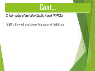 2. Fair value of Net Identifiable Asset (FVNIA):
FVNIA = Fair value of Asset-Fair value of Liabilities
Cont…
 
