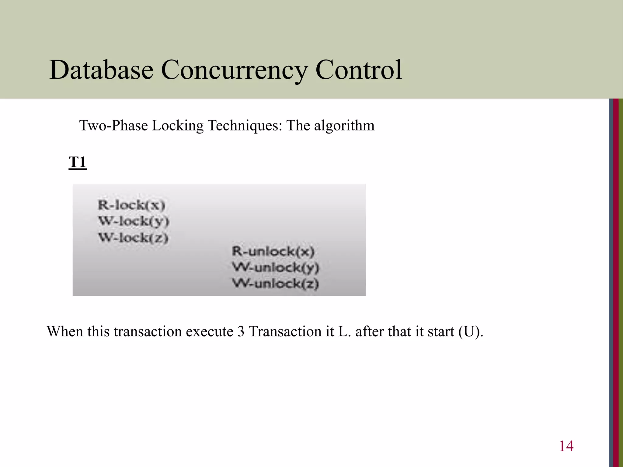 Database Concurrency Control
14
T1
Two-Phase Locking Techniques: The algorithm
When this transaction execute 3 Transaction it L. after that it start (U).
 