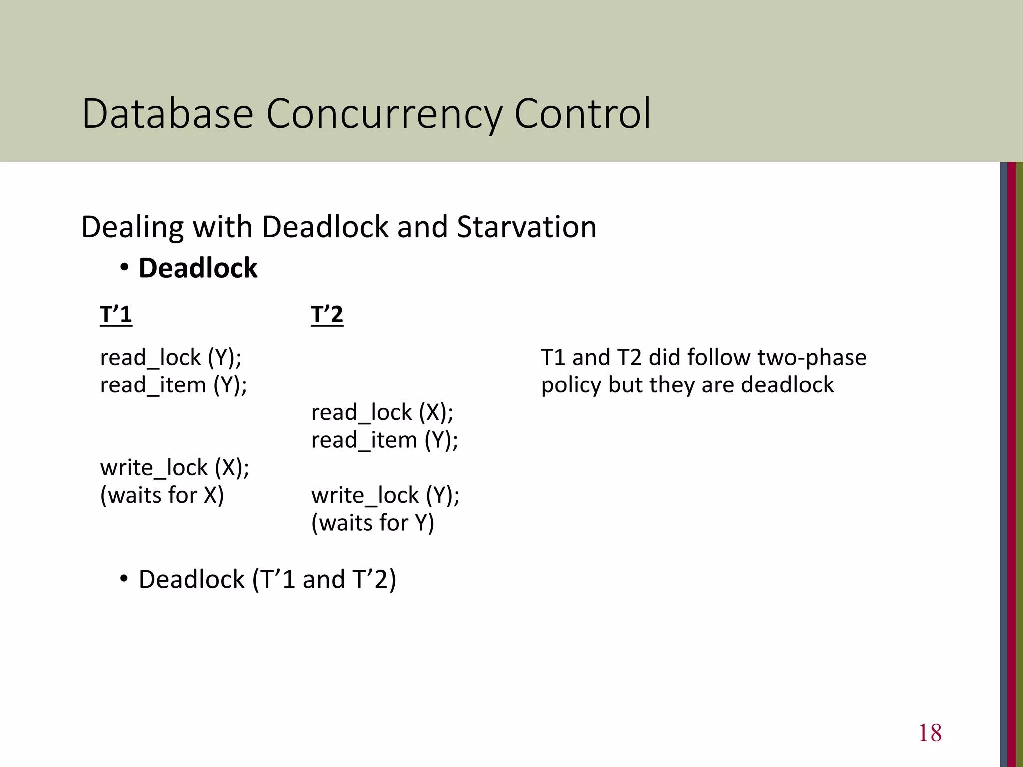Database Concurrency Control
Dealing with Deadlock and Starvation
• Deadlock
T’1 T’2
read_lock (Y); T1 and T2 did follow two-phase
read_item (Y); policy but they are deadlock
read_lock (X);
read_item (Y);
write_lock (X);
(waits for X) write_lock (Y);
(waits for Y)
• Deadlock (T’1 and T’2)
18
 