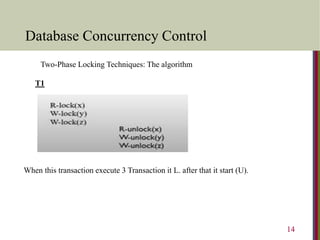 Database Concurrency Control
14
T1
Two-Phase Locking Techniques: The algorithm
When this transaction execute 3 Transaction it L. after that it start (U).
 