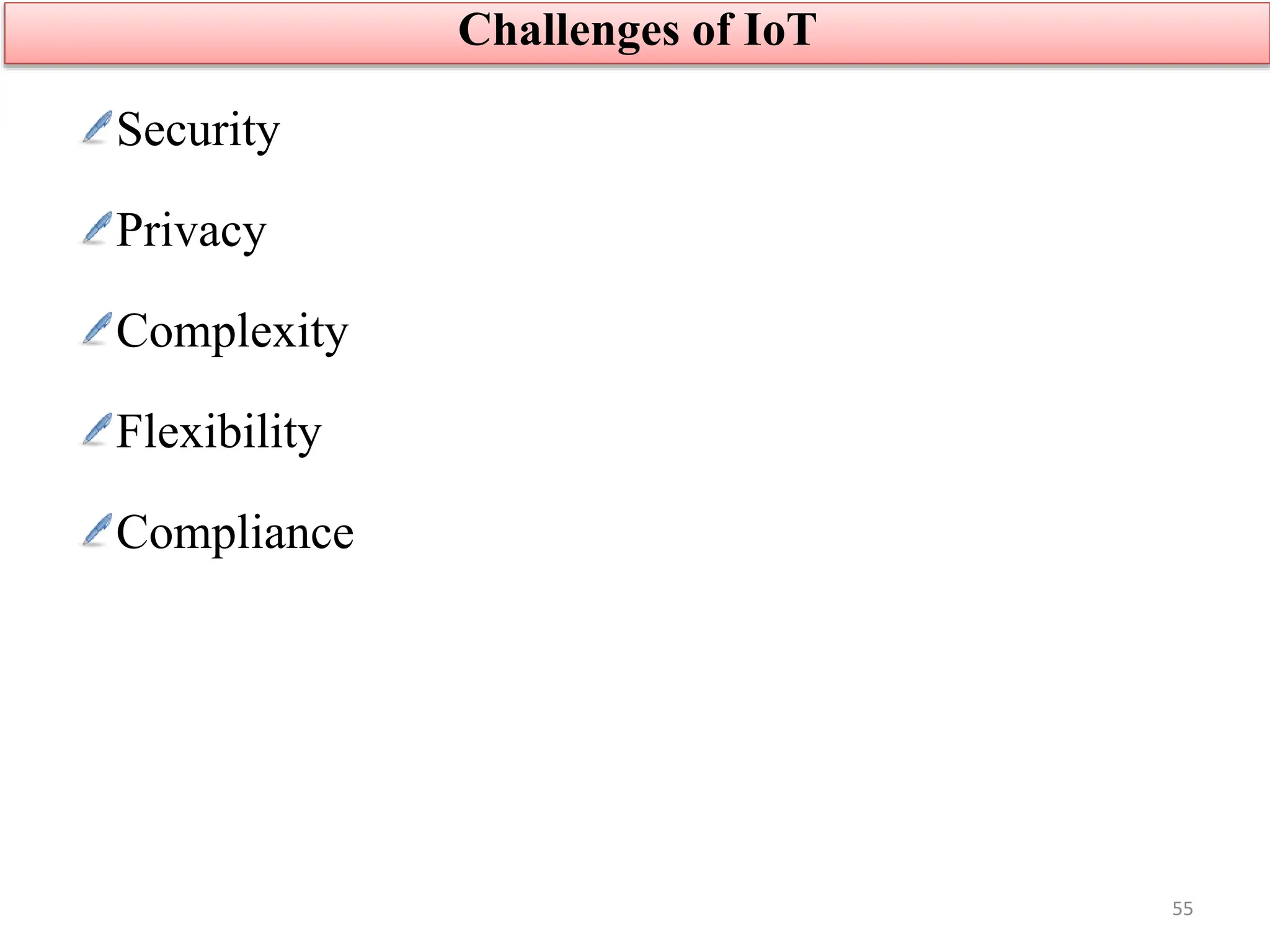 Security
Privacy
Complexity
Flexibility
Compliance
Challenges of IoT
55
 