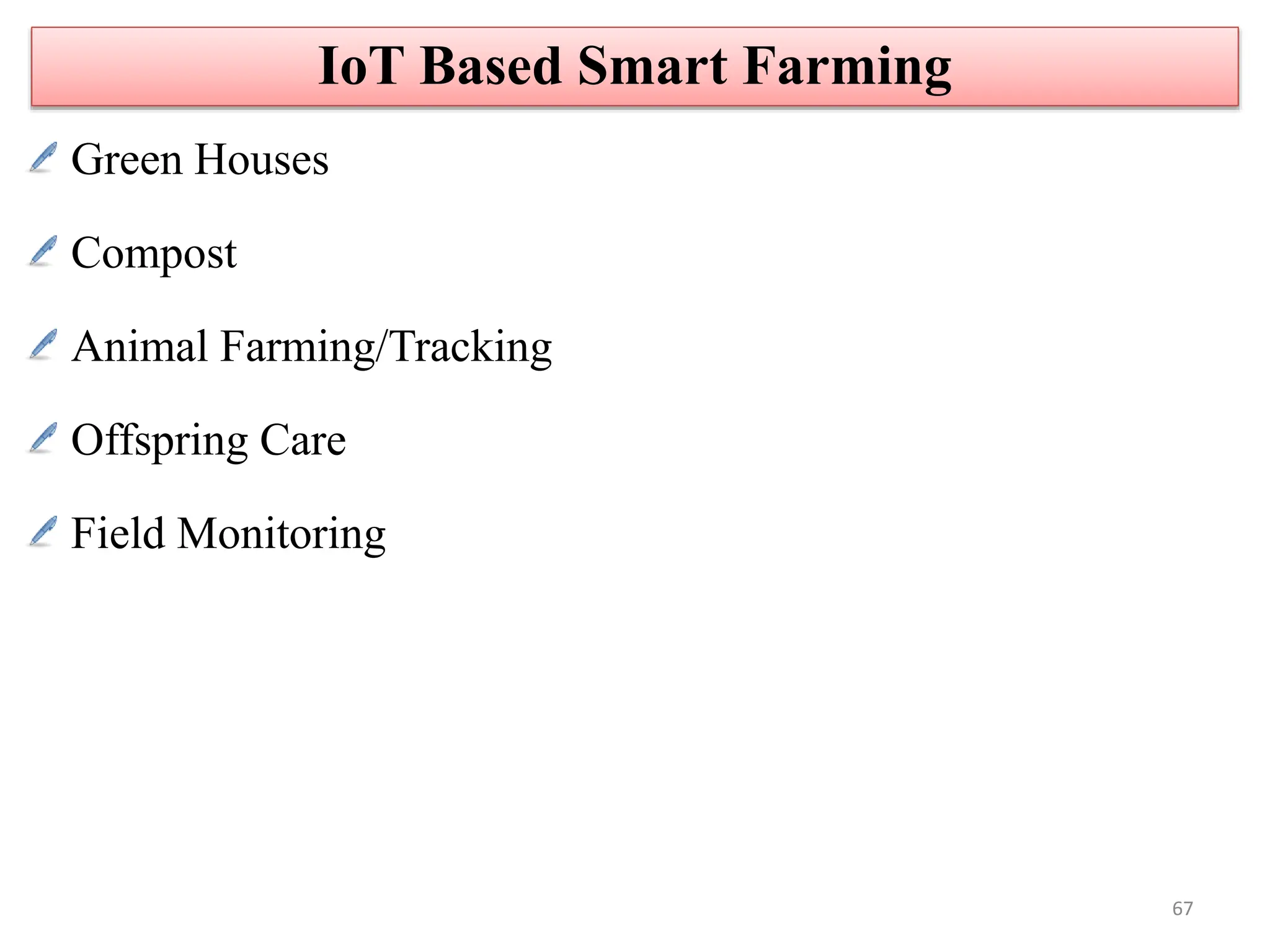 Green Houses
Compost
Animal Farming/Tracking
Offspring Care
Field Monitoring
IoT Based Smart Farming
67
 