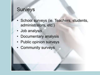 Surveys
• School surveys (ie. Teachers, students,
administrators, etc.)
• Job analysis
• Documentary analysis
• Public opinion surveys
• Community surveys
 