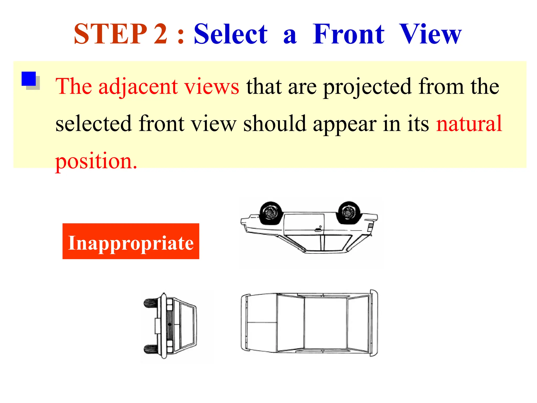 Inappropriate
The adjacent views that are projected from the
selected front view should appear in its natural
position.
STEP 2 : Select a Front View
 