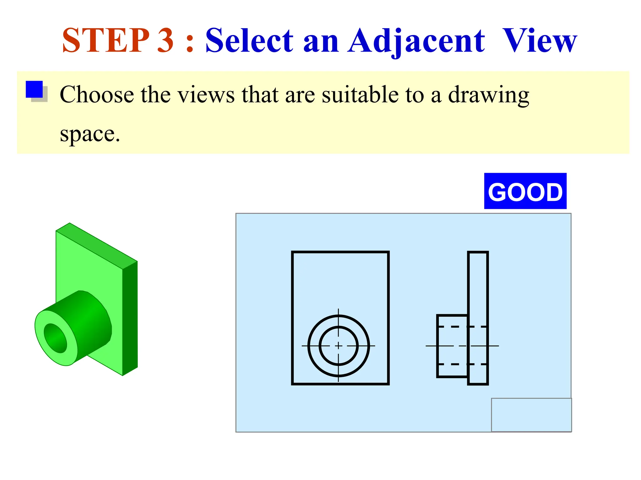 Choose the views that are suitable to a drawing
space.
STEP 3 : Select an Adjacent View
GOOD
 