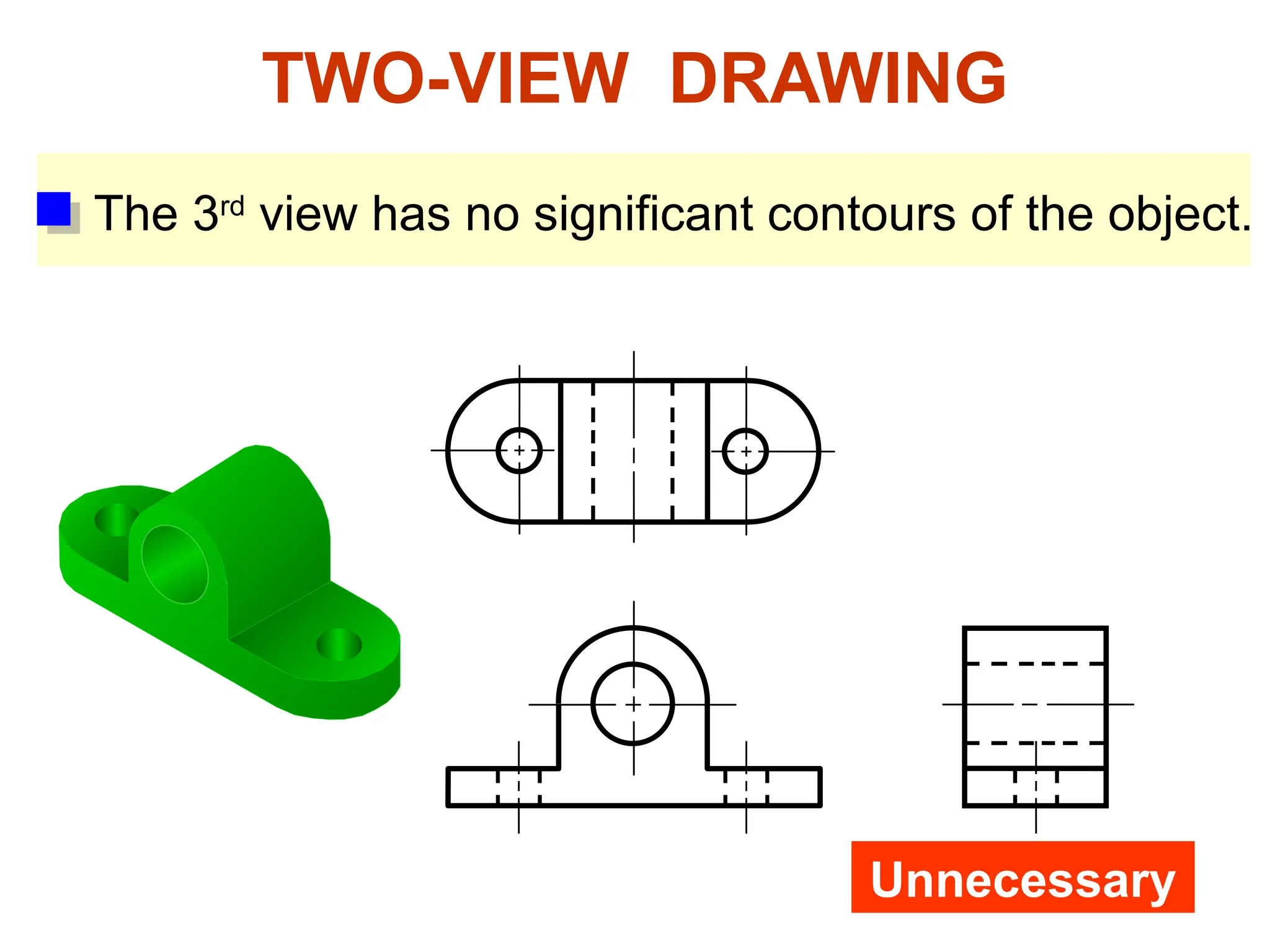 The 3rd
view has no significant contours of the object.
TWO-VIEW DRAWING
Unnecessary
 