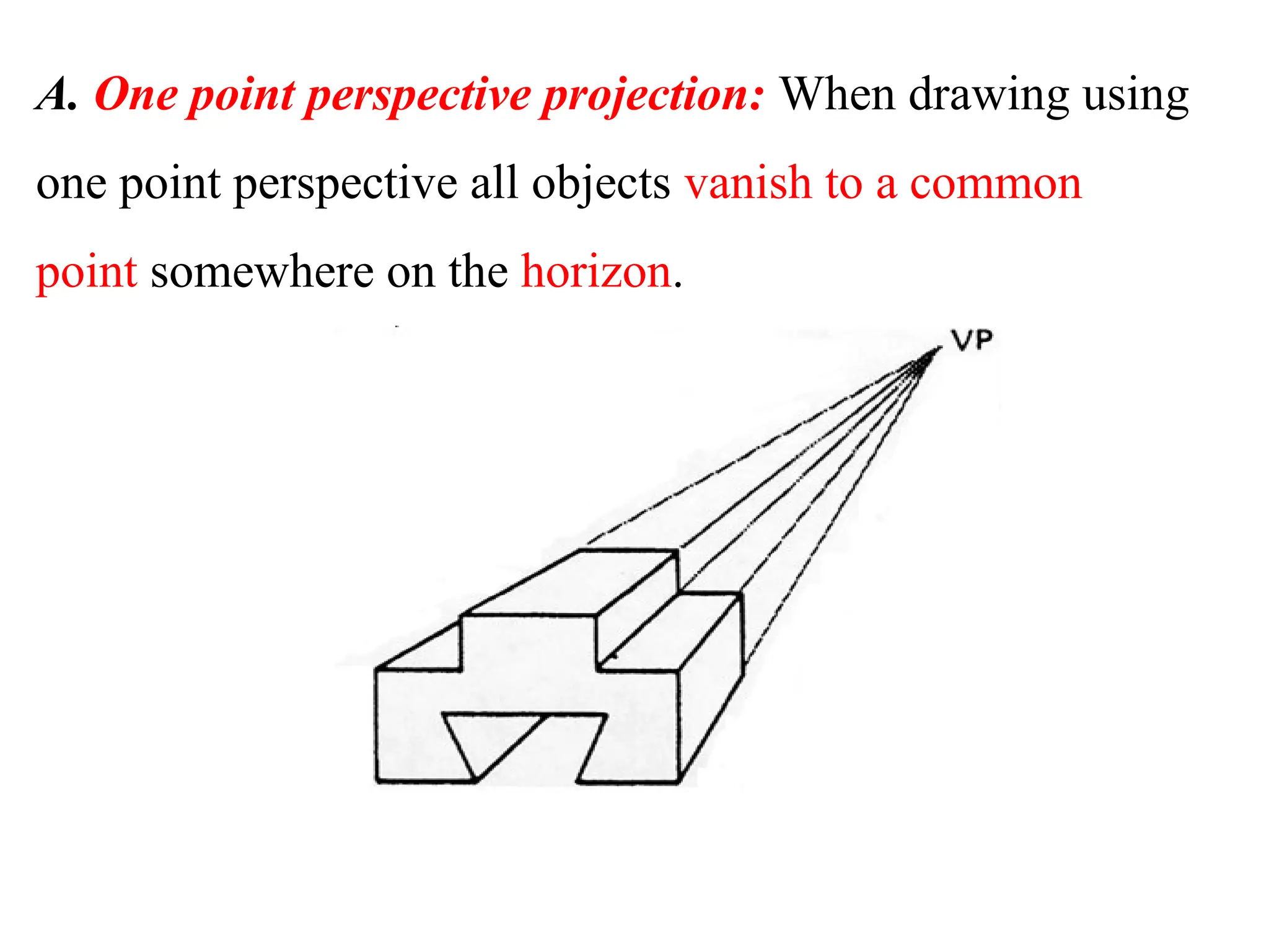 A. One point perspective projection: When drawing using
one point perspective all objects vanish to a common
point somewhere on the horizon.
 