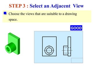 Choose the views that are suitable to a drawing
space.
STEP 3 : Select an Adjacent View
GOOD
 
