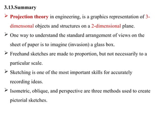 3.13.Summary
 Projection theory in engineering, is a graphics representation of 3-
dimensonal objects and structures on a 2-dimensional plane.
 One way to understand the standard arrangement of views on the
sheet of paper is to imagine (invasion) a glass box.
 Freehand sketches are made to proportion, but not necessarily to a
particular scale.
 Sketching is one of the most important skills for accurately
recording ideas.
 Isometric, oblique, and perspective are three methods used to create
pictorial sketches.
 