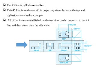  The 45 line is called a mitre line.
 This 45 line is used as an aid in projecting views between the top and
right-side views in this example.
 All of the features established on the top view can be projected to the 45
line and then down onto the side view.
 