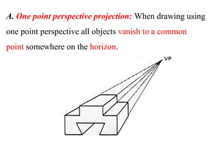 A. One point perspective projection: When drawing using
one point perspective all objects vanish to a common
point somewhere on the horizon.
 