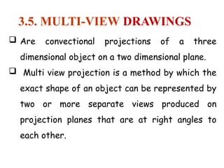 3.5. MULTI-VIEW DRAWINGS
 Are convectional projections of a three
dimensional object on a two dimensional plane.
 Multi view projection is a method by which the
exact shape of an object can be represented by
two or more separate views produced on
projection planes that are at right angles to
each other.
 