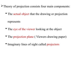 Theory of projection consists four main components:
 The actual object that the drawing or projection
represents
 The eye of the viewer looking at the object
 The projection plane ( Viewers drawing paper)
 Imaginary lines of sight called projectors
 