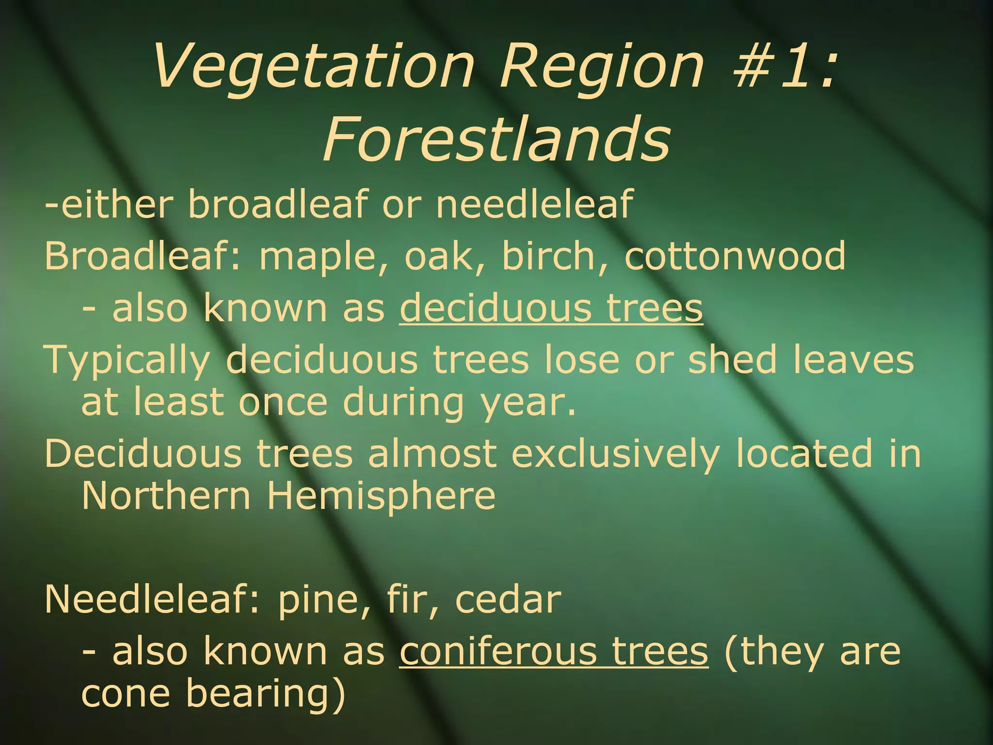 Vegetation Region #1: Forestlands -either broadleaf or needleleaf Broadleaf: maple, oak, birch, cottonwood  - also known as  deciduous trees Typically deciduous trees lose or shed leaves at least once during year. Deciduous trees almost exclusively located in Northern Hemisphere Needleleaf: pine, fir, cedar - also known as  coniferous trees  (they are cone bearing) 