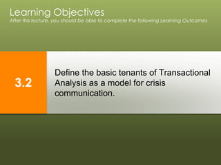Define the basic tenants of Transactional
Analysis as a model for crisis
communication.
Learning Objectives
After this lecture, you should be able to complete the following Learning Outcomes
3.2
 