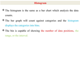 11
 The histogram is the same as a bar chart which analysis the data
counts.
 The bar graph will count against categories and the histogram
displays the categories into bins.
 The bin is capable of showing the number of data positions, the
range, or the interval.
Histogram
 