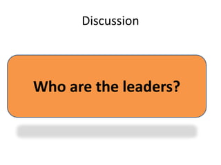 Discussion
Who are the leaders?
 