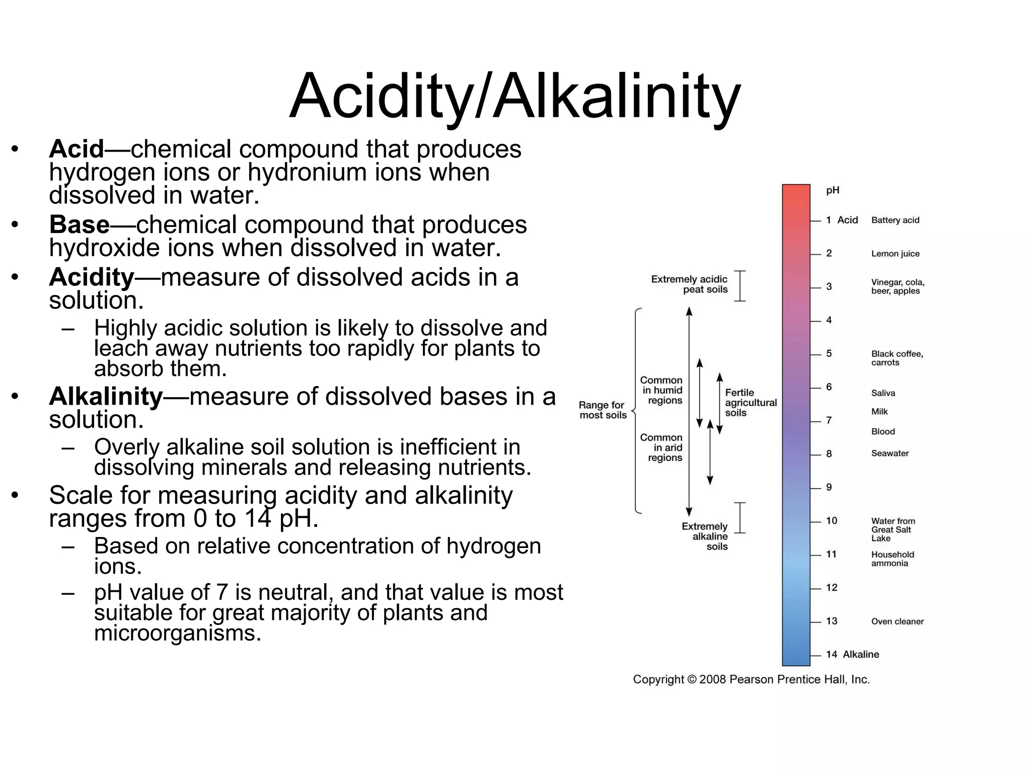 Acidity/Alkalinity Acid —chemical compound that produces hydrogen ions or hydronium ions when dissolved in water. Base —chemical compound that produces hydroxide ions when dissolved in water. Acidity —measure of dissolved acids in a solution. Highly acidic solution is likely to dissolve and leach away nutrients too rapidly for plants to absorb them. Alkalinity —measure of dissolved bases in a solution. Overly alkaline soil solution is inefficient in dissolving minerals and releasing nutrients. Scale for measuring acidity and alkalinity ranges from 0 to 14 pH. Based on relative concentration of hydrogen ions. pH value of 7 is neutral, and that value is most suitable for great majority of plants and microorganisms. 