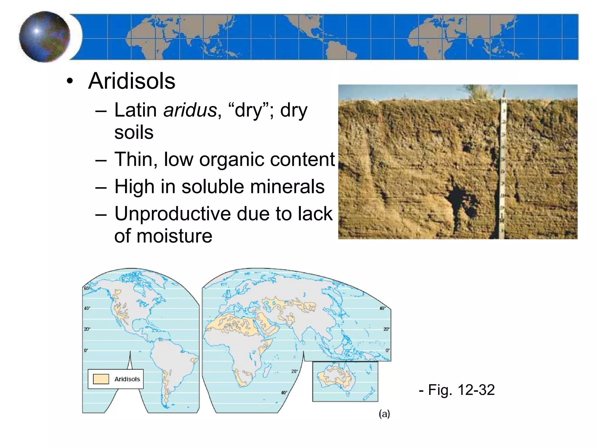 Aridisols Latin  aridus , “dry”; dry soils Thin, low organic content High in soluble minerals Unproductive due to lack of moisture - Fig. 12-32 