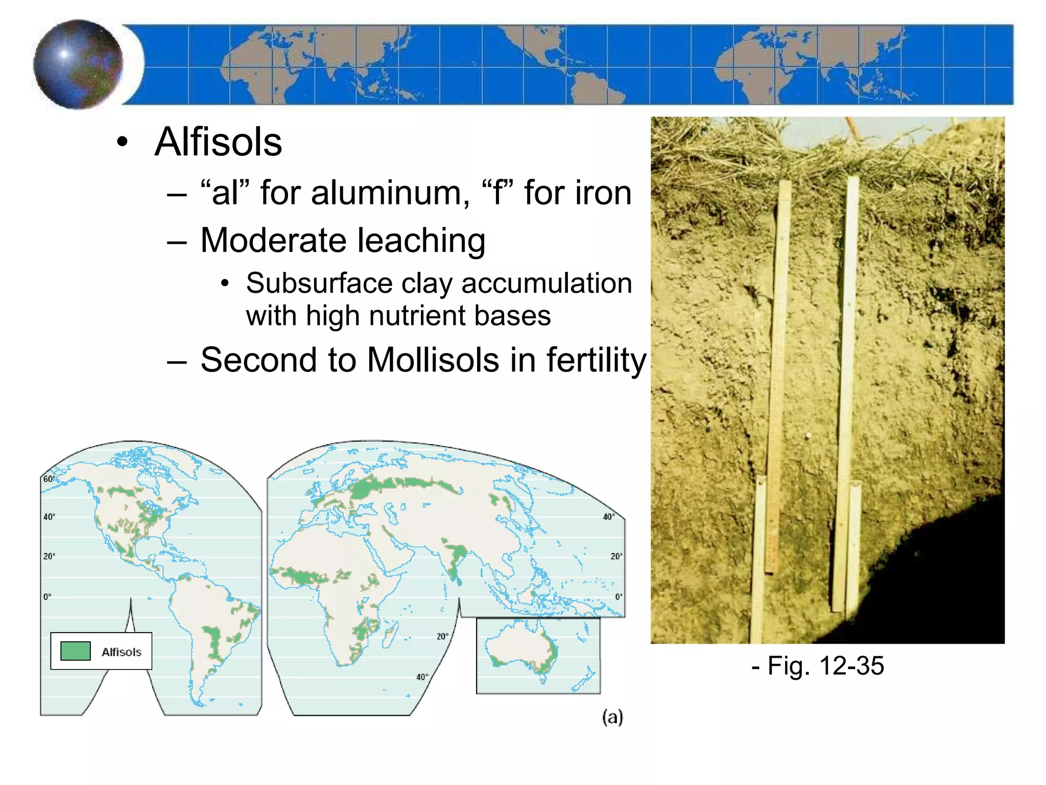 Alfisols “ al” for aluminum, “f” for iron Moderate leaching Subsurface clay accumulation with high nutrient bases Second to Mollisols in fertility - Fig. 12-35 