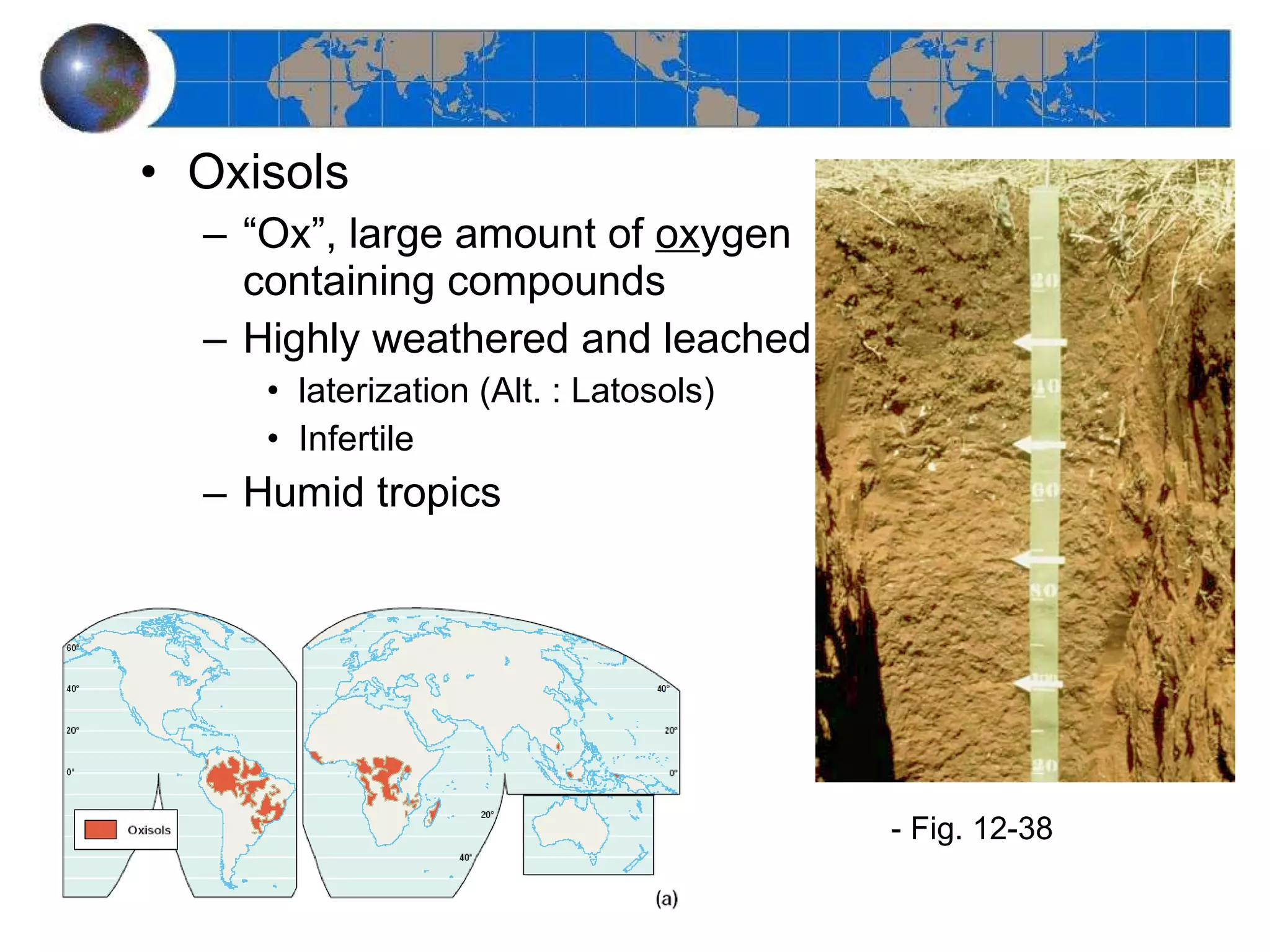 Oxisols “ Ox”, large amount of  ox ygen containing compounds Highly weathered and leached laterization (Alt. : Latosols) Infertile Humid tropics - Fig. 12-38 