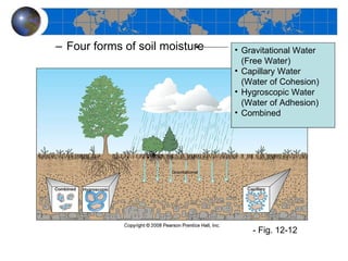 Four forms of soil moisture - Fig. 12-12 Gravitational Water (Free Water) Capillary Water (Water of Cohesion) Hygroscopic Water (Water of Adhesion) Combined 