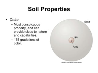 Soil Properties Color Most conspicuous property, and can provide clues to nature and capabilities.  175 gradations of color. 