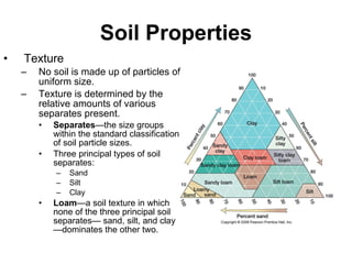 Soil Properties Texture No soil is made up of particles of uniform size. Texture is determined by the relative amounts of various separates present. Separates —the size groups within the standard classification of soil particle sizes. Three principal types of soil separates: Sand Silt Clay Loam —a soil texture in which none of the three principal soil separates— sand, silt, and clay—dominates the other two. 