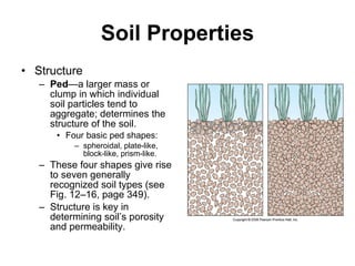 Soil Properties Structure Ped —a larger mass or clump in which individual soil particles tend to aggregate; determines the structure of the soil. Four basic ped shapes: spheroidal, plate-like, block-like, prism-like. These four shapes give rise to seven generally recognized soil types (see Fig. 12–16, page 349). Structure is key in determining soil’s porosity and permeability. 