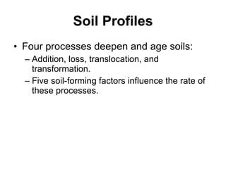 Soil Profiles Four processes deepen and age soils: Addition, loss, translocation, and transformation. Five soil-forming factors influence the rate of these processes. 