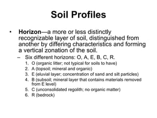 Soil Profiles Horizon —a more or less distinctly recognizable layer of soil, distinguished from another by differing characteristics and forming a vertical zonation of the soil. Six different horizons: O, A, E, B, C, R. O (organic litter; not typical for soils to have) A (topsoil; mineral and organic) E (eluvial layer; concentration of sand and silt particles) B (subsoil; mineral layer that contains materials removed from E level) C (unconsolidated regolith; no organic matter) R (bedrock) 