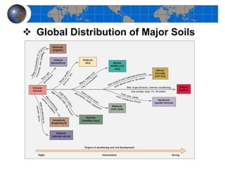 Figure 12-28. The general relationship among the soil orders in terms of weathering, soil development, and broad environmental conditions. Global Distribution of Major Soils 