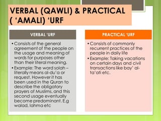 VERBAL (QAWLI) & PRACTICAL
( ‘AMALI) ‘URF
 