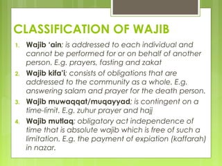 CLASSIFICATION OF WAJIB
1. Wajib ‘ain; is addressed to each individual and
cannot be performed for or on behalf of another
person. E.g. prayers, fasting and zakat
2. Wajib kifa’i; consists of obligations that are
addressed to the community as a whole. E.g.
answering salam and prayer for the death person.
3. Wajib muwaqqat/muqayyad; is contingent on a
time-limit. E.g. zuhur prayer and hajj
4. Wajib mutlaq; obligatory act independence of
time that is absolute wajib which is free of such a
limitation. E.g. the payment of expiation (kaffarah)
in nazar.
 