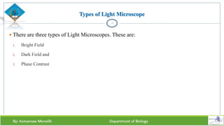 Types of Light Microscope
 There are three types of Light Microscopes. These are:
1. Bright Field
2. Dark Field and
3. Phase Contrast
11
 