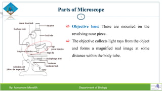 9
 Objective lens: These are mounted on the
revolving nose piece.
 The objective collects light rays from the object
and forms a magnified real image at some
distance within the body tube.
Parts of Microscope
 