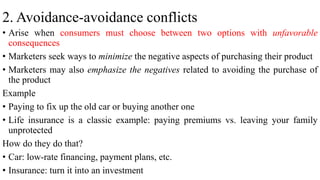 2. Avoidance-avoidance conflicts
• Arise when consumers must choose between two options with unfavorable
consequences
• Ma...