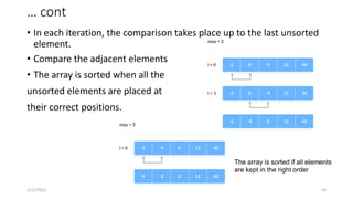… cont
• In each iteration, the comparison takes place up to the last unsorted
element.
• Compare the adjacent elements
• The array is sorted when all the
unsorted elements are placed at
their correct positions.
1/12/2023 24
The array is sorted if all elements
are kept in the right order
 