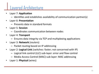 Layered Architecture
33
• Layer 7: Application
– Identifies and establishes availability of communication partner(s)
• Layer 6: Presentation
– Presents data in standard formats
• Layer 5: Session
– Coordinates communication between nodes
• Layer 4: Transport
– Ensures data integrity via TCP and multiplexing applications
• Layer 3: Network (routers)
– Packet routing based on IP addressing
• Layer 2: Logical Link (switches: faster; not concerned with IP)
– Logical link control (LLC) sub-layer: error and flow control
– Media Access Control (MAC) sub-layer: MAC addressing
• Layer 1: Physical (wires)
 