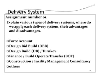 Delivery System
Assignment number 01.
Explain various types of delivery systems, where do
we apply each delivery system, their advantages
and disadvantages.
Force Account
Design Bid Build (DBB)
Design Build (DB) / Turnkey
Finance / Build Operate Transfer (BOT)
Construction / Facility Management Consultancy
others
30
 